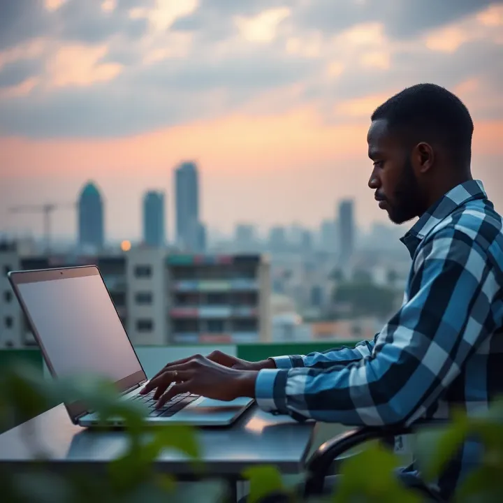Logging into JuventusBet Account from Nigeria User logging into JuventusBet account on a laptop with Nigerian city skyline in the background
