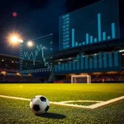 A football pitch with statistical graphs and data overlays representing match analysis