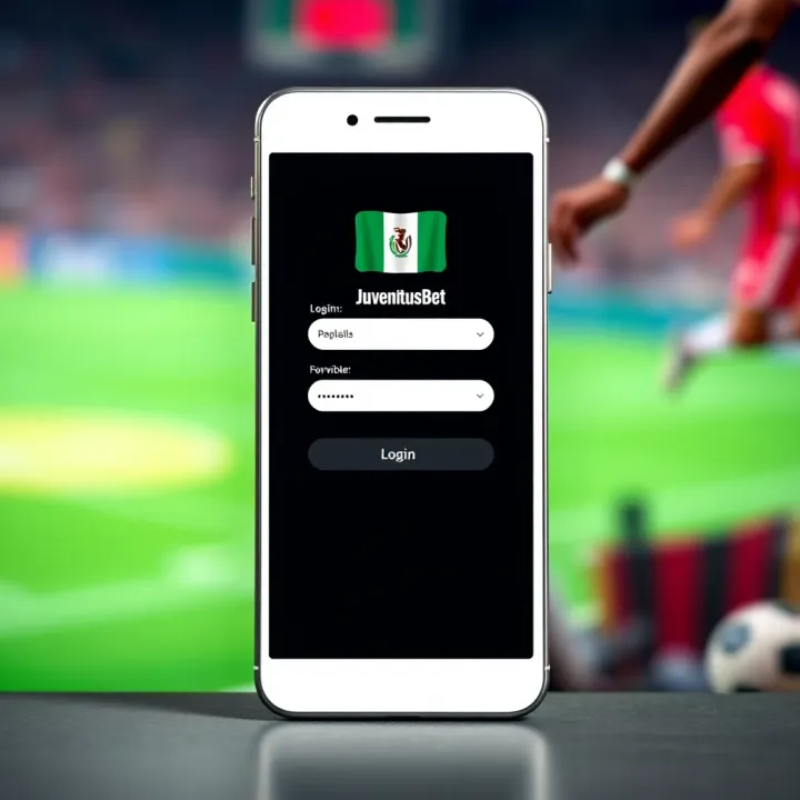 User interface showing the JuventusBet app home screen with login fields and Nigerian flag symbol