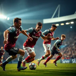 Football players competing fiercely during a Premier League match under stadium lights