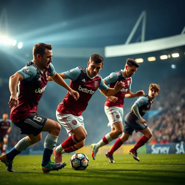Intense Premier League Match Action Highlights Football players competing fiercely during a Premier League match under stadium lights