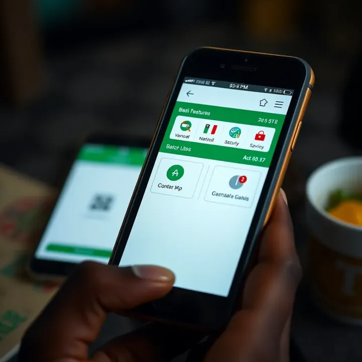 Traditional Nigerian Mobile Banking Application on Legacy Devices Old mobile phone showing traditional Nigerian banking app with basic features and security icons