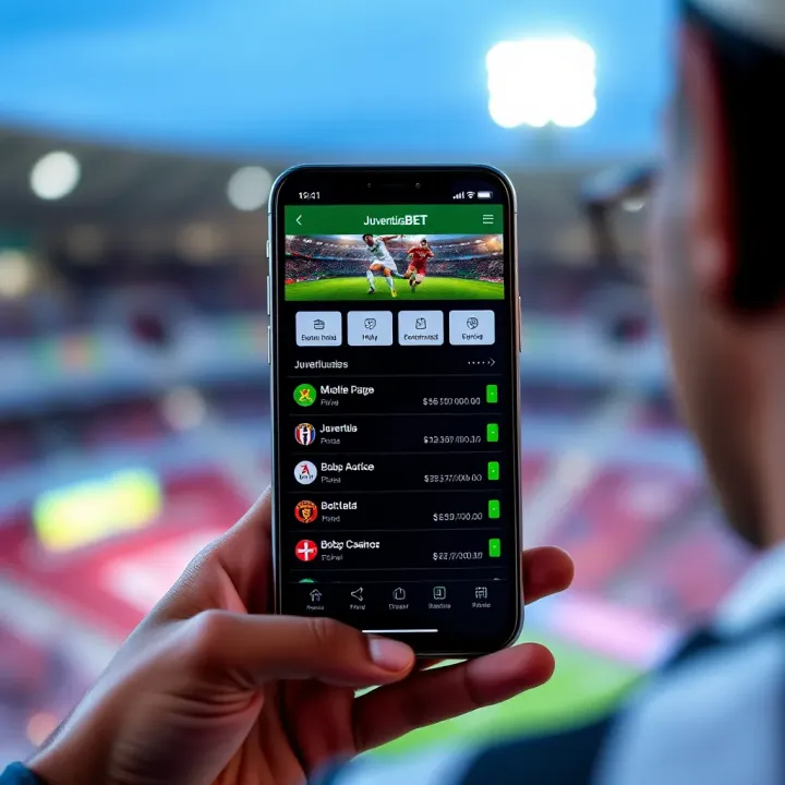 Mobile phone screen displaying JuventusBet platform interface with betting options